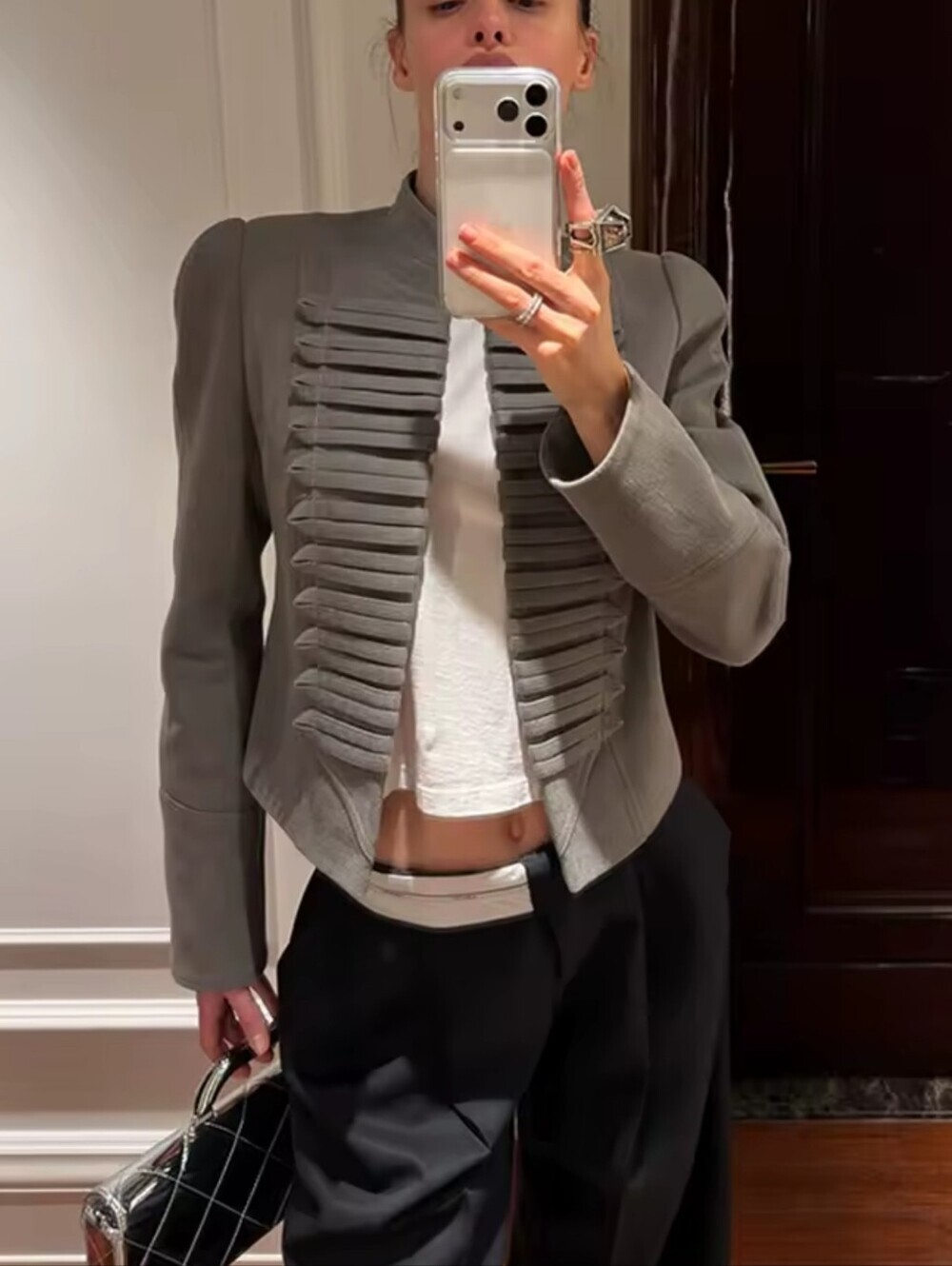 Grey Cropped Blazer Women Pleated Stand Collar Buckle Long Sleeve Slim C